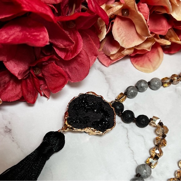 Natural Stone Necklace with Gold Dipped Hematite Geode Druzy Pendant & Tassel - Picture 6 of 16